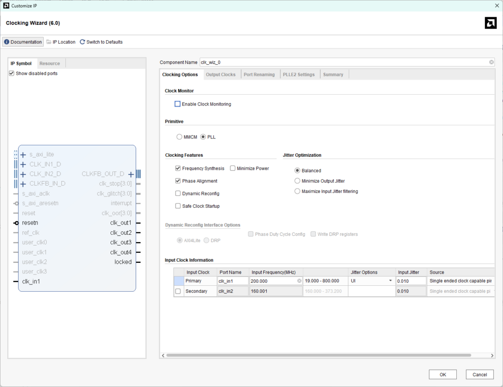 vivado Clocking Wizard setting